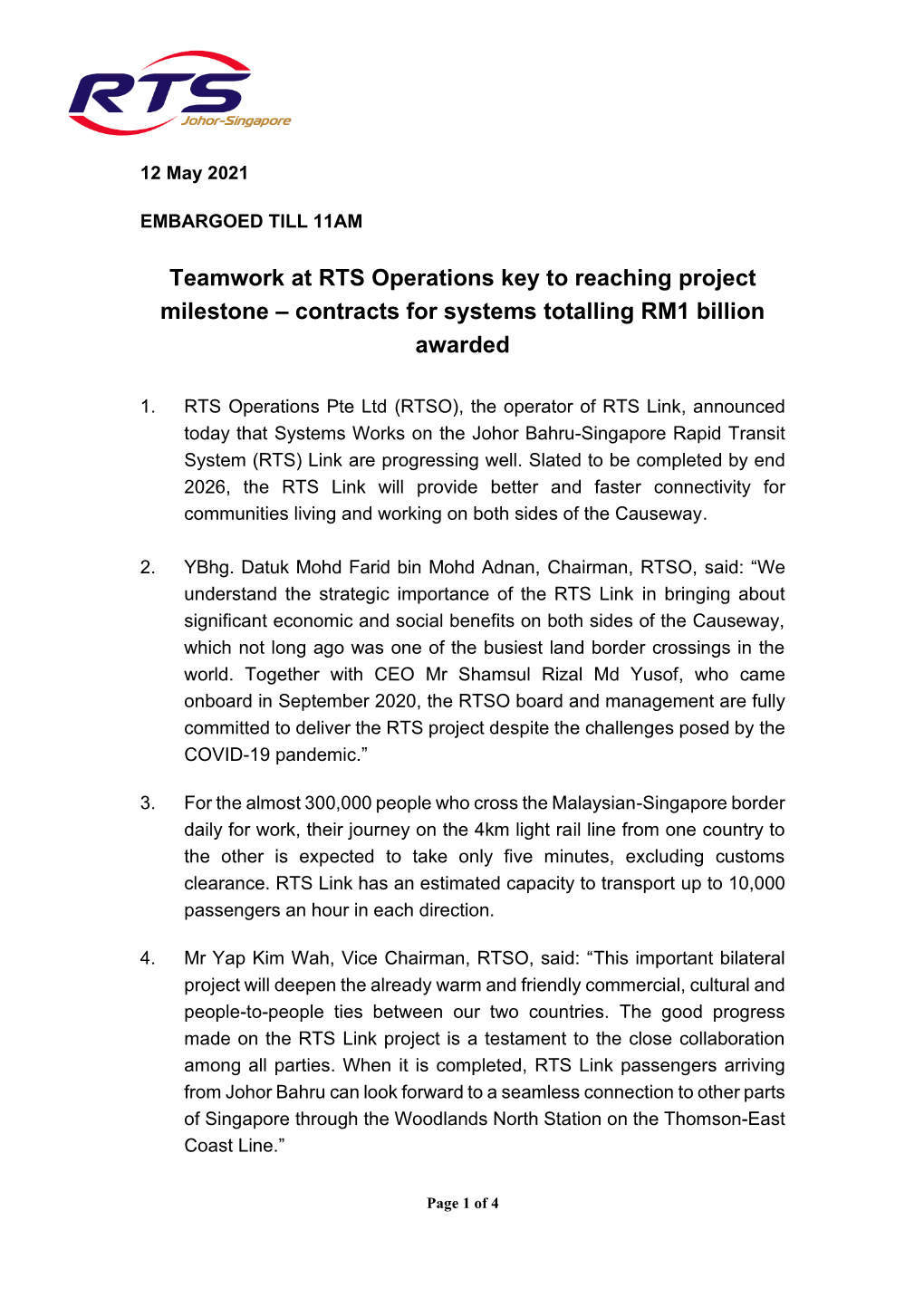 Teamwork at RTS Operations Key to Reaching Project Milestone – Contracts for Systems Totalling RM1 Billion Awarded