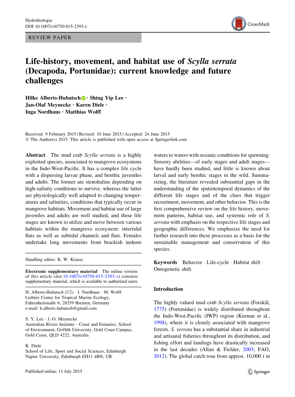 Life-History, Movement, and Habitat Use of Scylla Serrata (Decapoda, Portunidae): Current Knowledge and Future Challenges