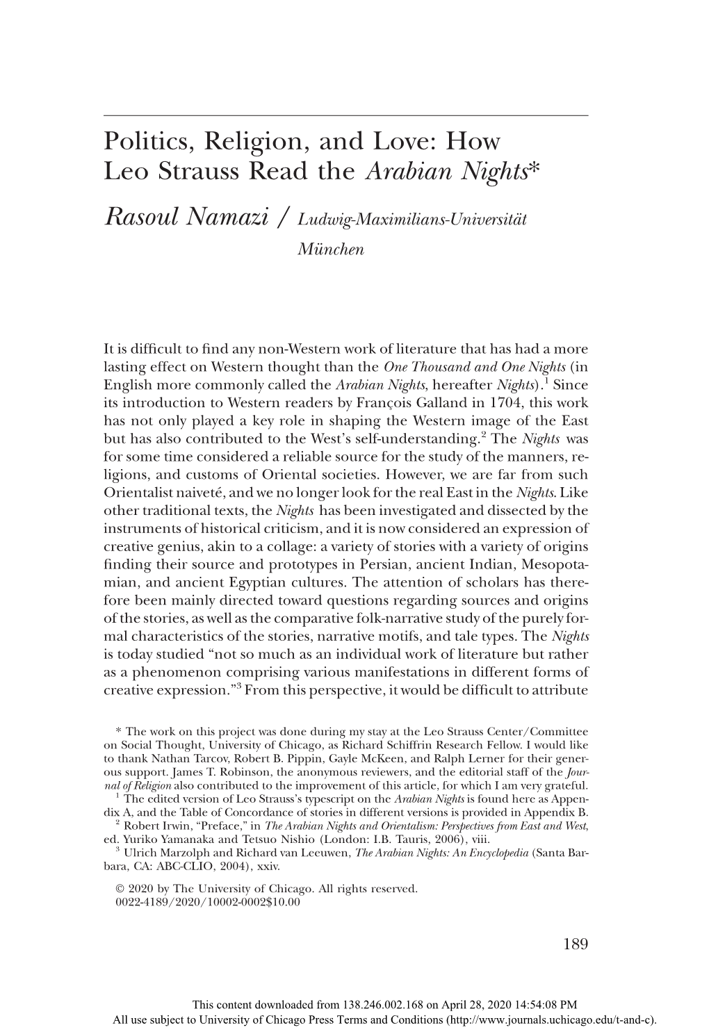 Politics, Religion, and Love: How Leo Strauss Read the Arabian Nights*