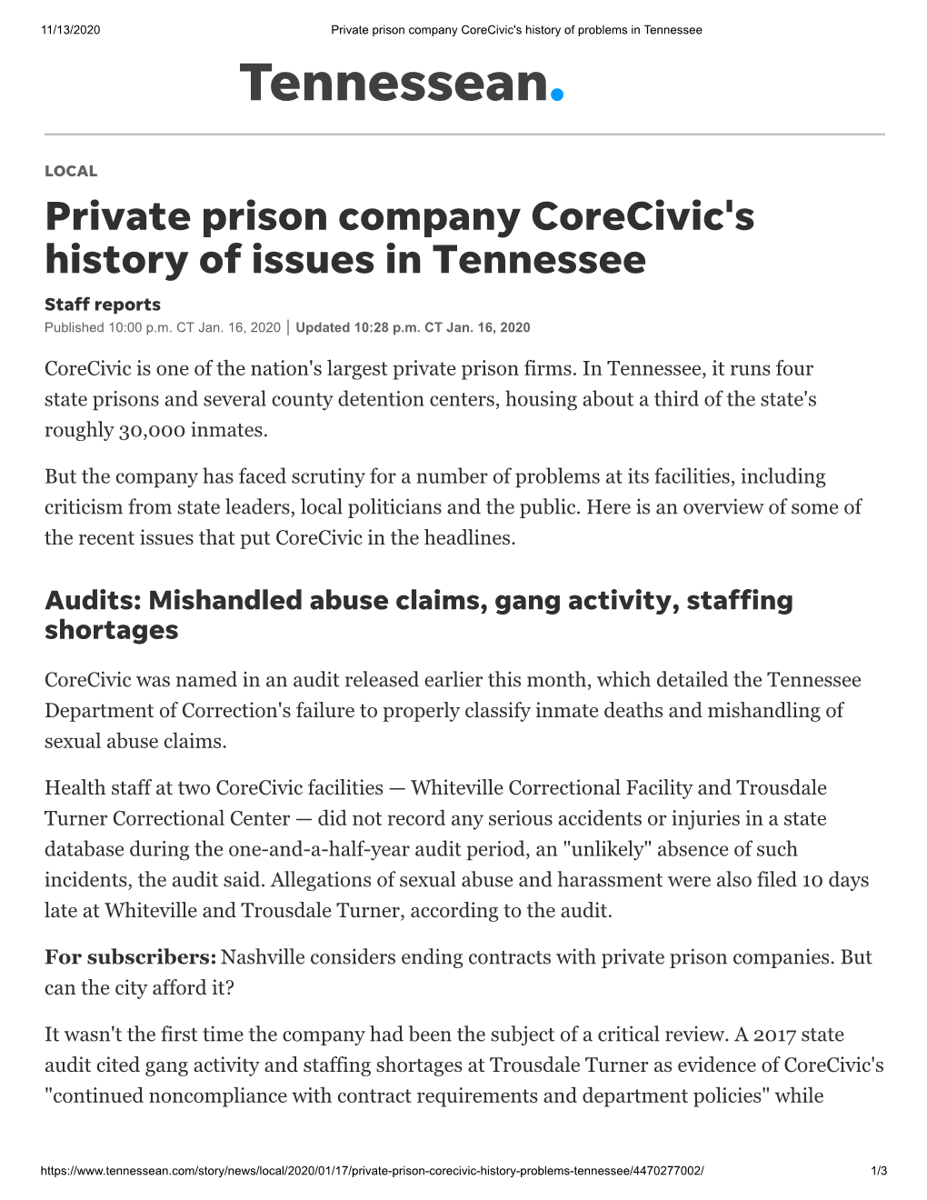 Private Prison Company Corecivic's History of Issues in Tennessee Staff Reports Published 10:00 P.M