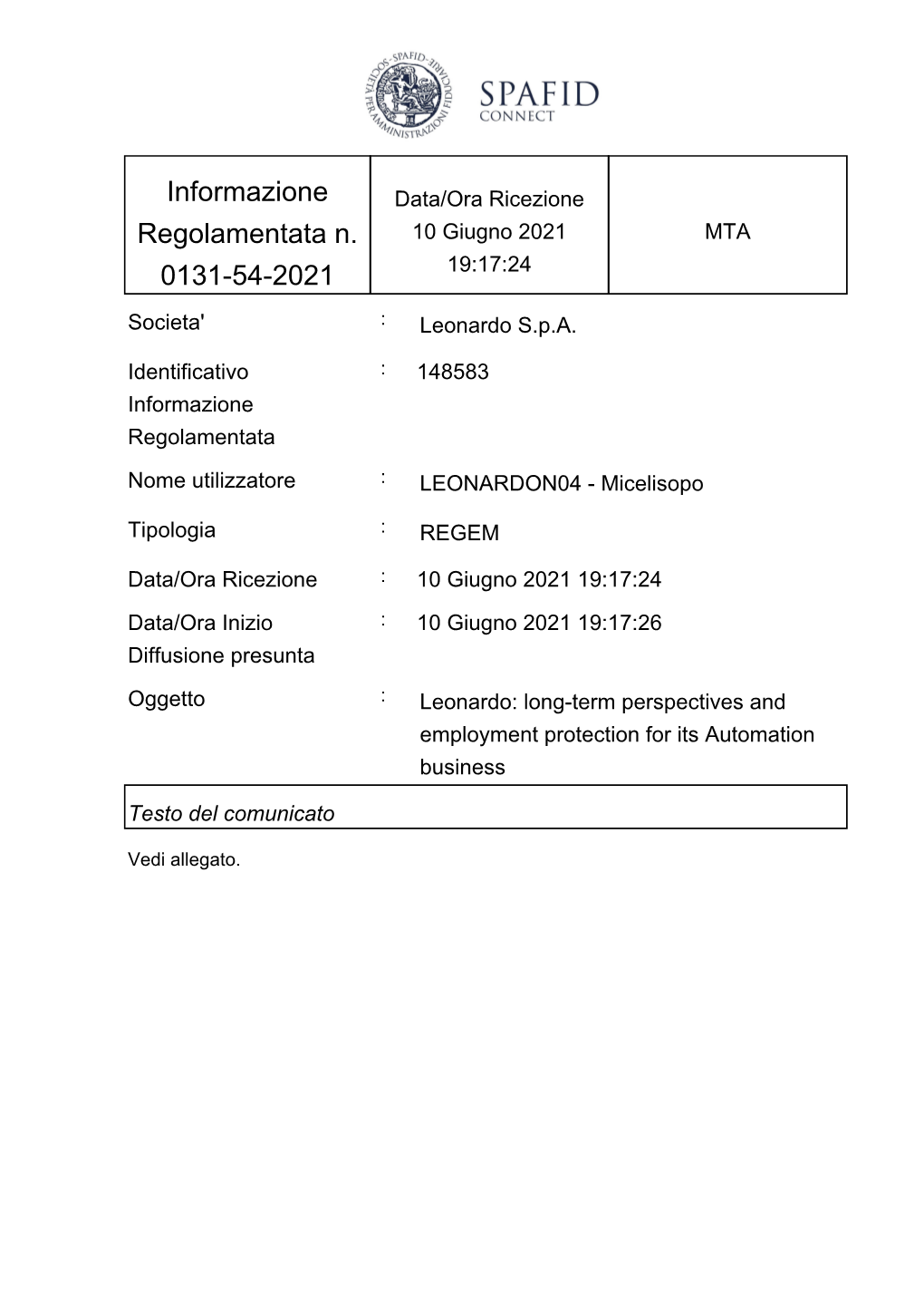 Informazione Regolamentata N. 0131-54-2021