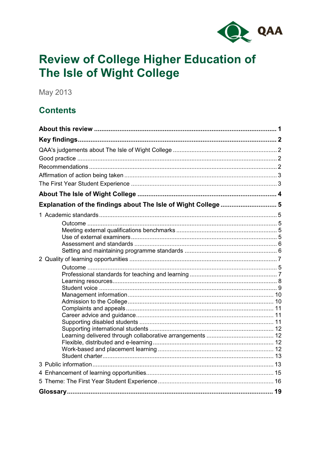 Review of College Higher Education: the Isle of Wight College, May 2013