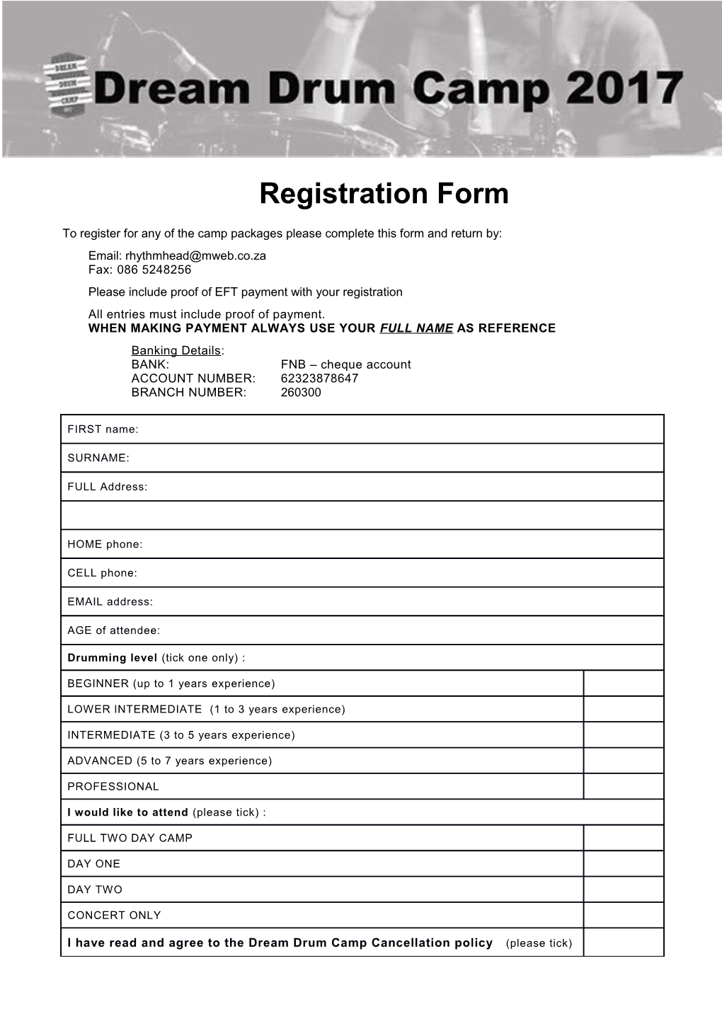 Please Include Proof of EFT Payment with Your Registration