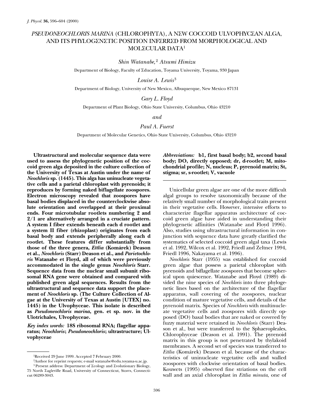 Pseudoneochloris Marina (Chlorophyta), a New Coccoid Ulvophycean Alga, and Its Phylogenetic Position Inferred from Morphological and Molecular Data1