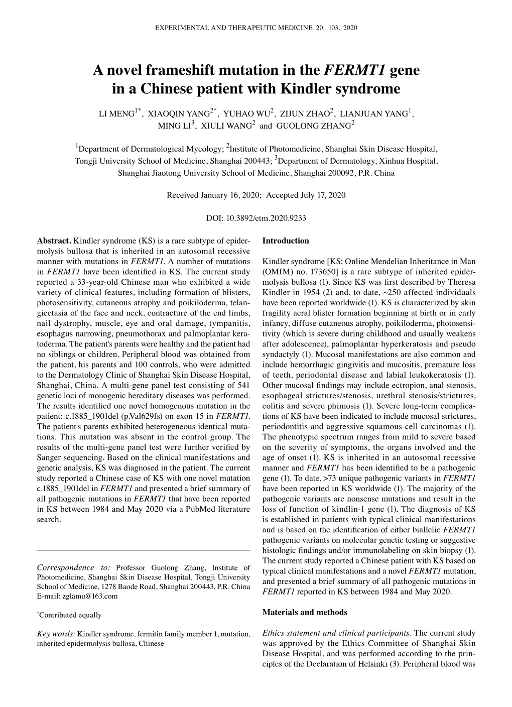 A Novel Frameshift Mutation in the FERMT1 Gene in a Chinese Patient with Kindler Syndrome