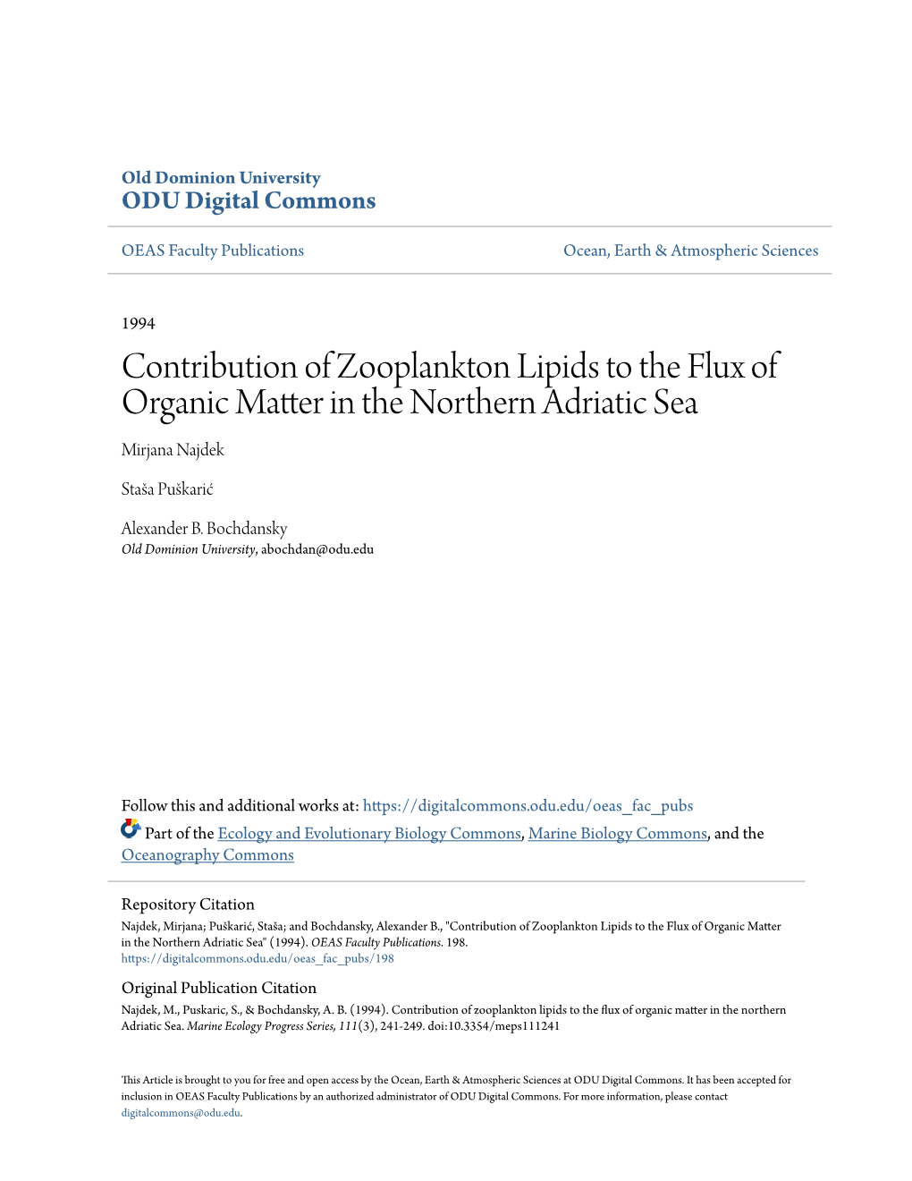 Contribution of Zooplankton Lipids to the Flux of Organic Matter in the Northern Adriatic Sea Mirjana Najdek