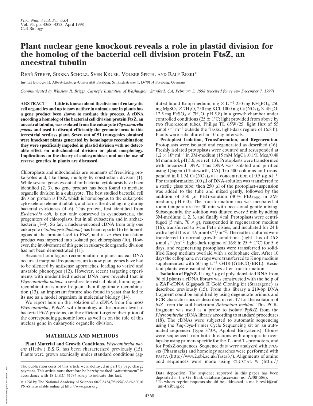 Plant Nuclear Gene Knockout Reveals a Role in Plastid Division for the Homolog of the Bacterial Cell Division Protein Ftsz, an Ancestral Tubulin