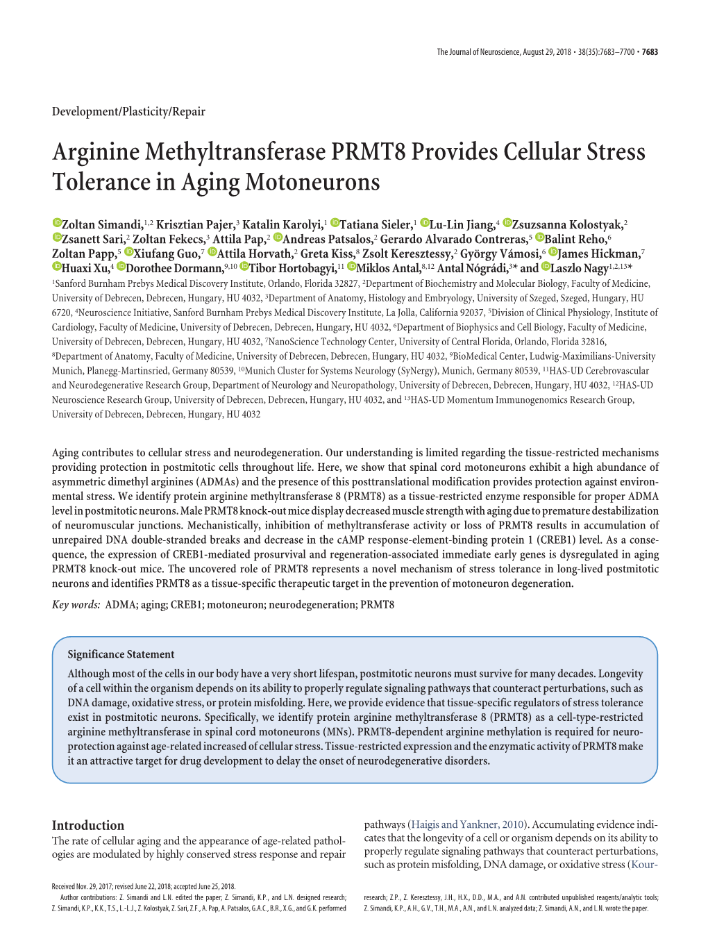 Arginine Methyltransferase PRMT8 Provides Cellular Stress Tolerance in Aging Motoneurons