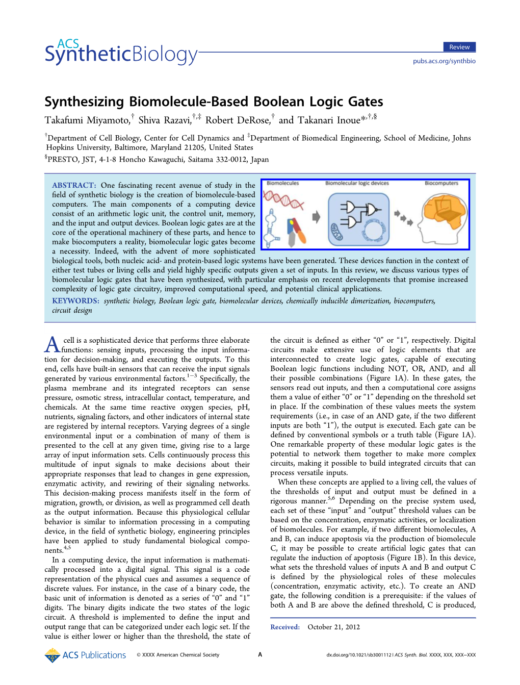 Synthesizing Biomolecule-Based Boolean Logic Gates Takafumi Miyamoto,† Shiva Razavi,†,‡ Robert Derose,† and Takanari Inoue*,†,§