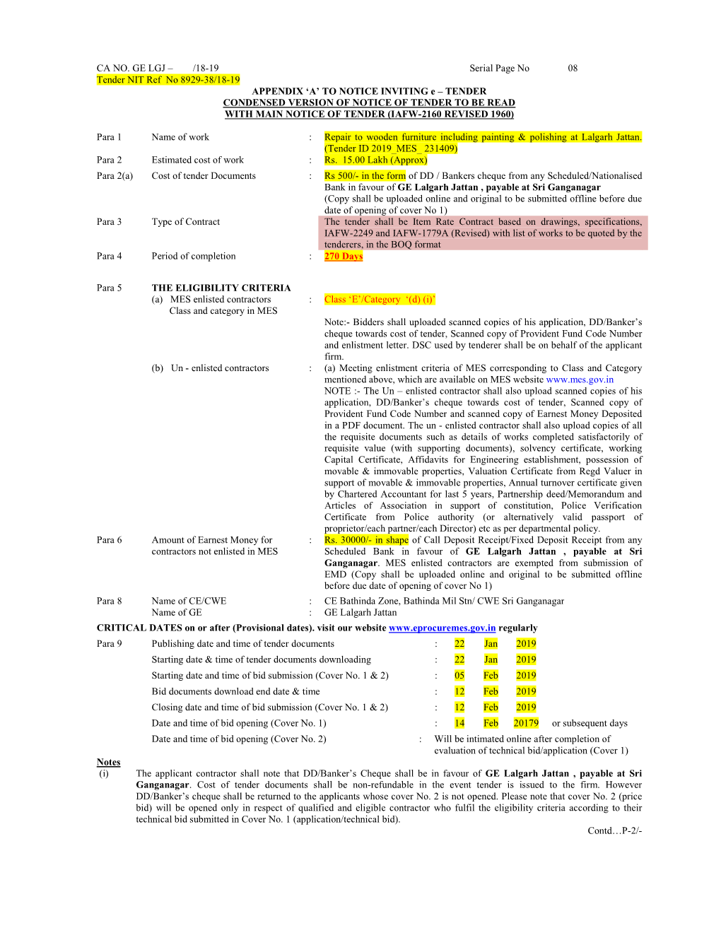 18-19 Serial Page No 08 Tender NIT Ref No 8929-38/18-19 APPENDIX