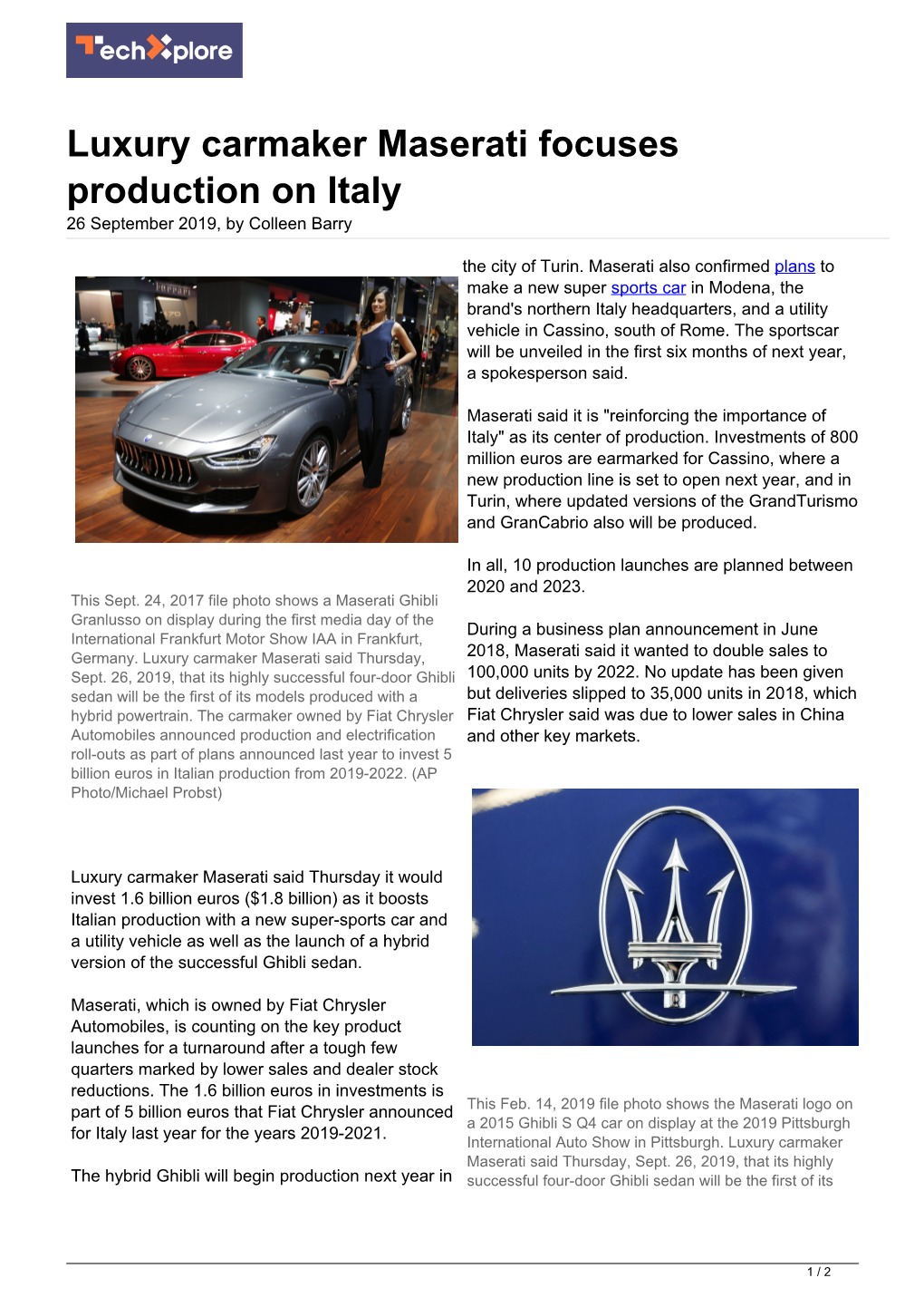 Luxury Carmaker Maserati Focuses Production on Italy 26 September 2019, by Colleen Barry