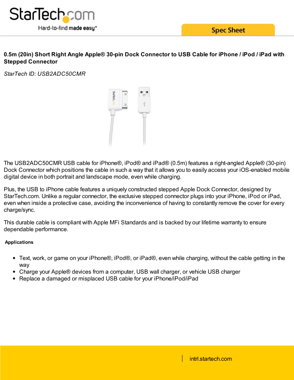 Short Right Angle Apple® 30-Pin Dock Connector to USB Cable for Iphone / Ipod / Ipad with Stepped Connector