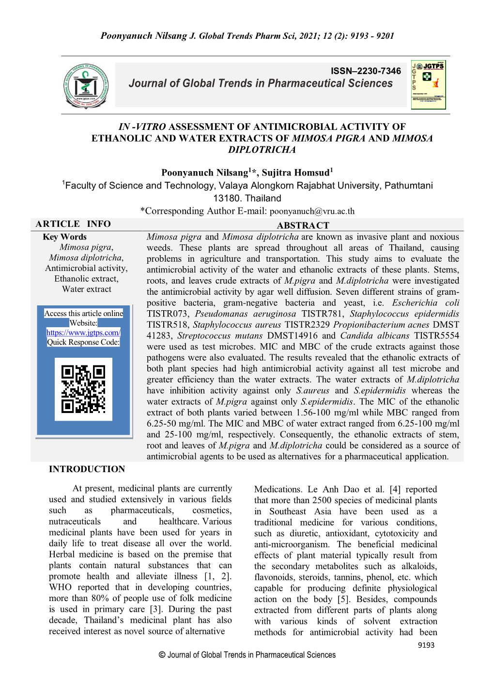 Poonyanuch Nilsang J. Global Trends Pharm Sci, 2021; 12 (2): 9193 - 9201