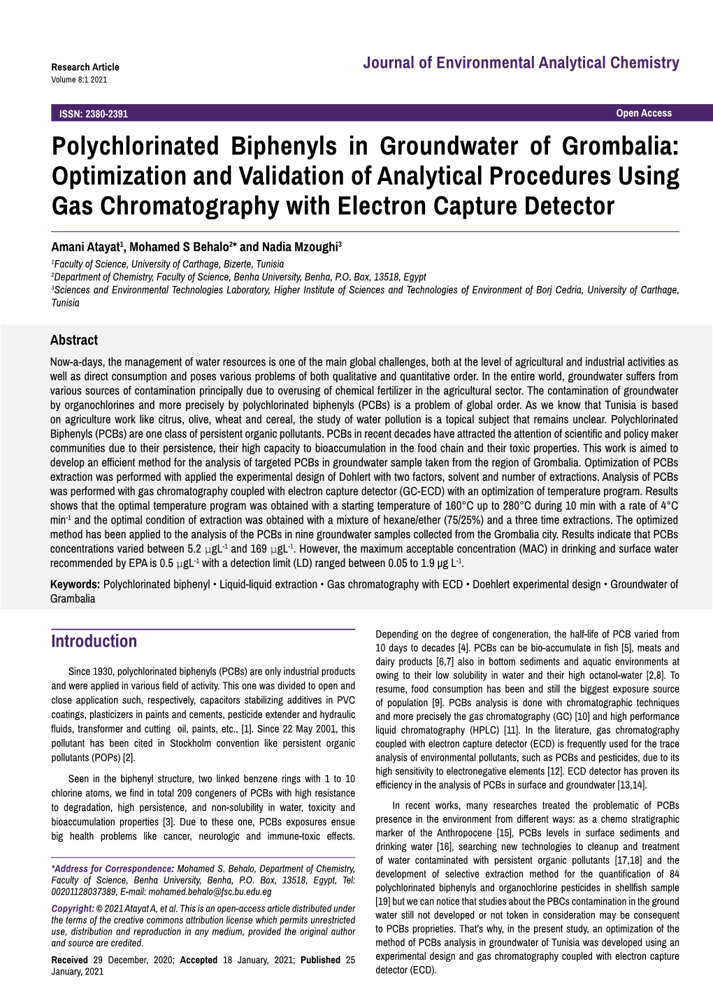 Polychlorinated Biphenyls in Groundwater of Grombalia: Optimization and Validation of Analytical Procedures Using Gas Chromatography with Electron Capture Detector