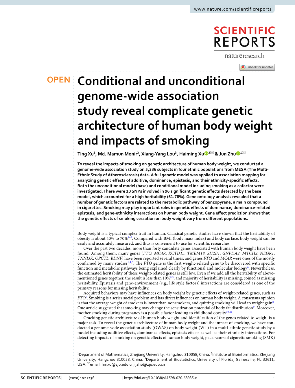 Conditional and Unconditional Genome-Wide Association Study Reveal Complicate Genetic Architecture of Human Body Weight and Impa