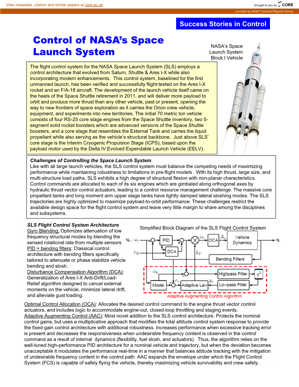 Control of NASA's Space Launch System