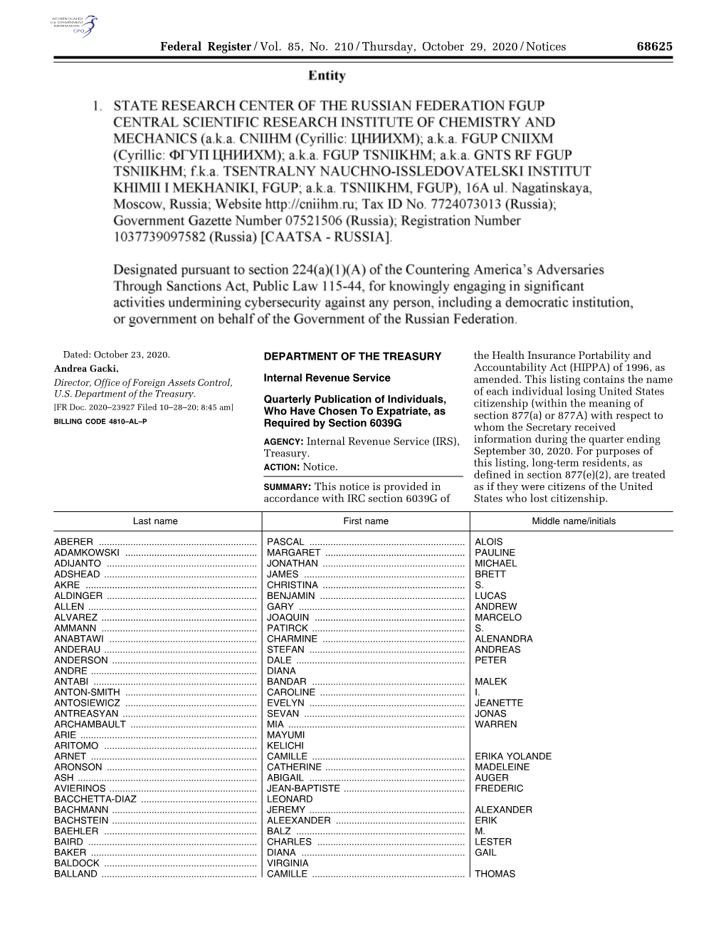 Federal Register/Vol. 85, No. 210/Thursday, October 29, 2020