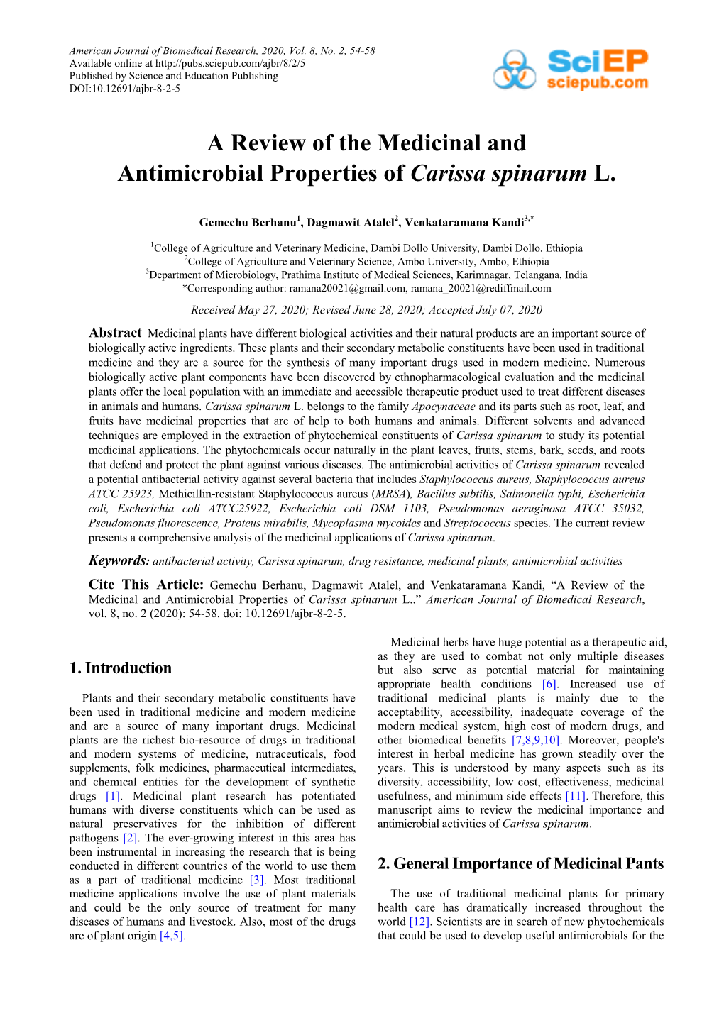 A Review of the Medicinal and Antimicrobial Properties of Carissa Spinarum L