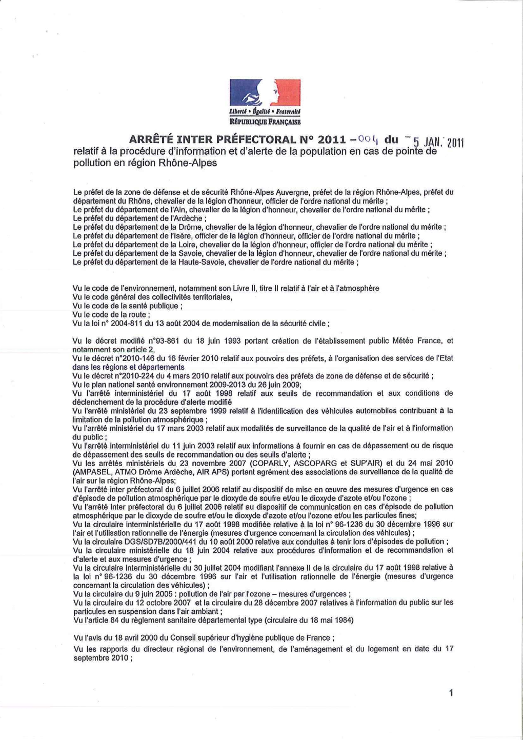 Arrêté Interpréfectoral 2011-004 Du 5 Janvier 2011 Relatif À La Procédure D'information Et D