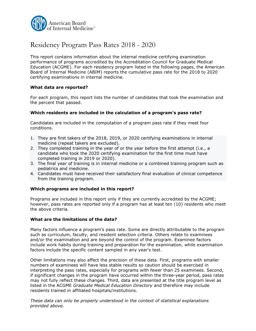 Residency Program Pass Rates 2018 - 2020