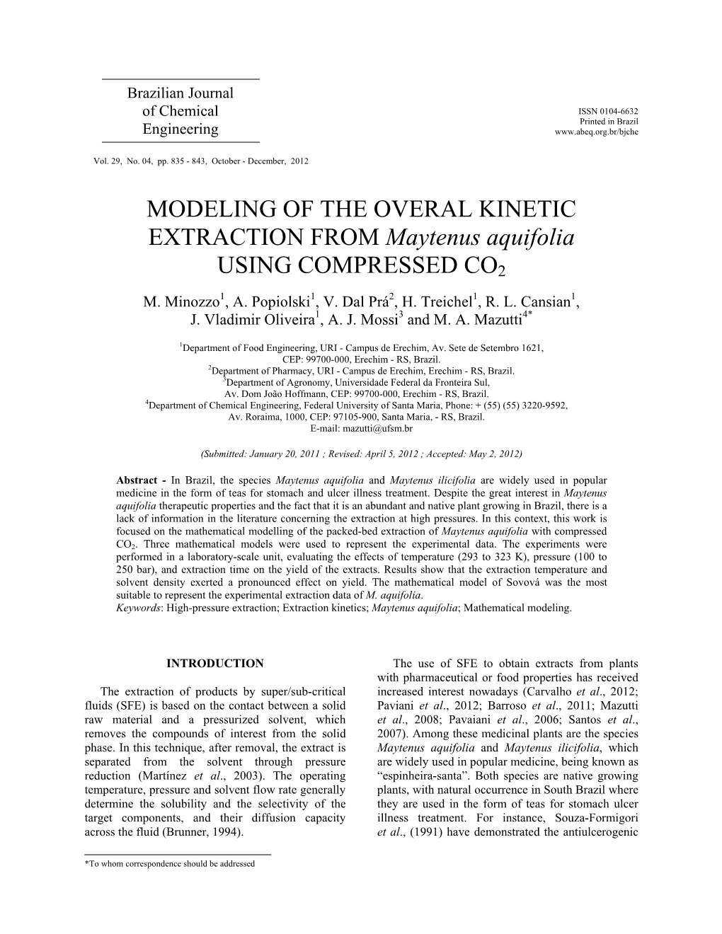 MODELING of the OVERAL KINETIC EXTRACTION from Maytenus Aquifolia USING COMPRESSED CO2