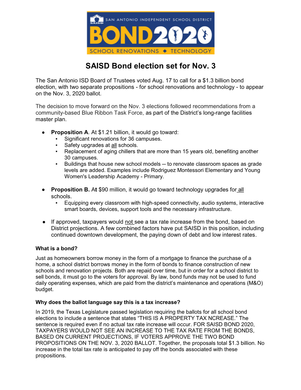 SAISD Bond Election Set for Nov. 3