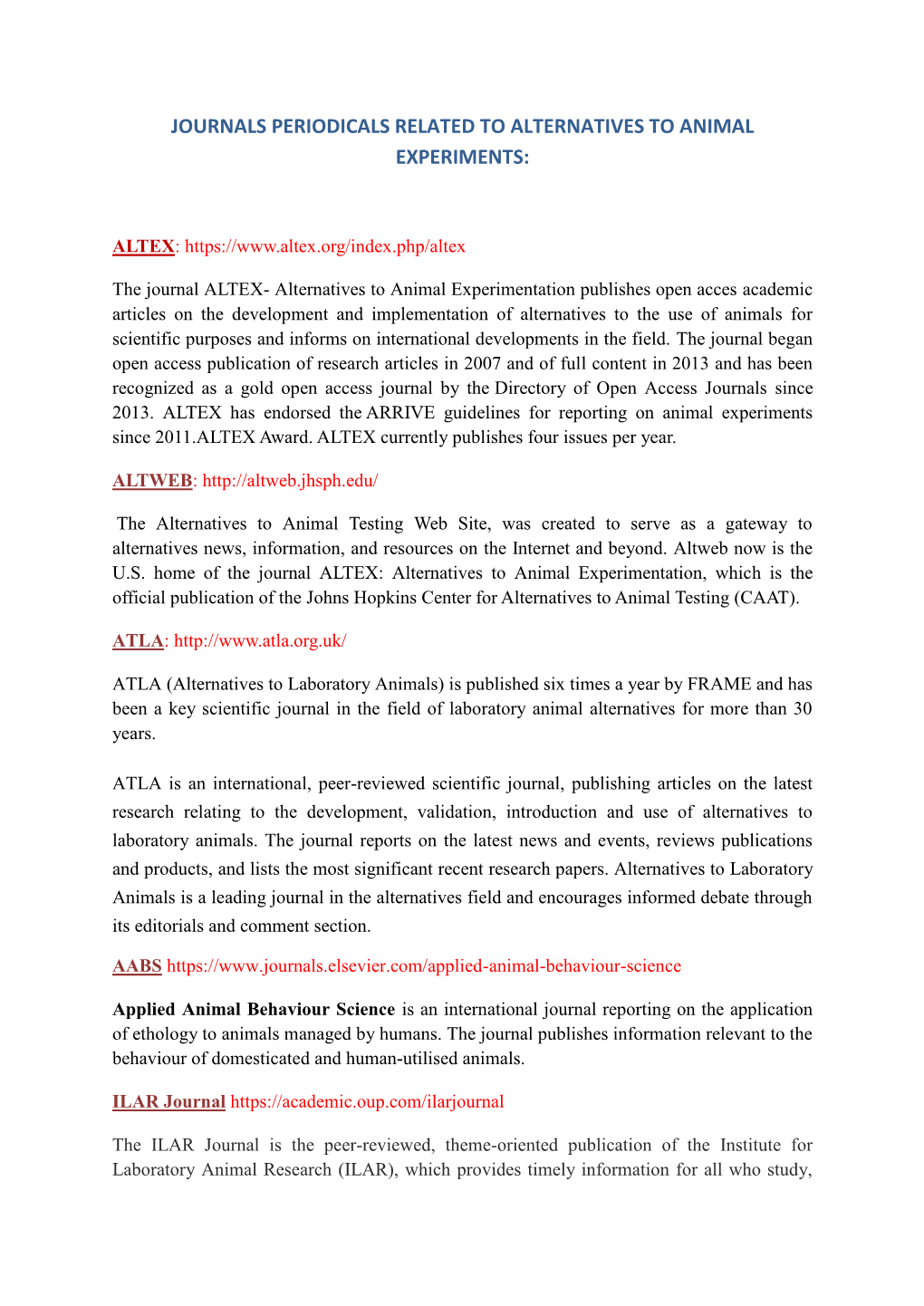 Journals Periodicals Related to Alternatives to Animal Experiments