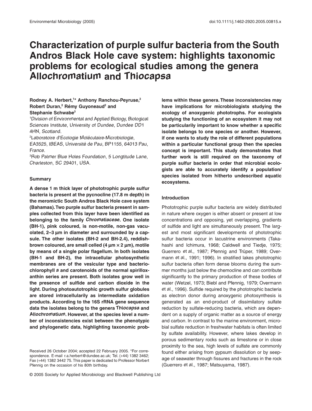 Characterization of Purple Sulfur Bacteria from the South Andros