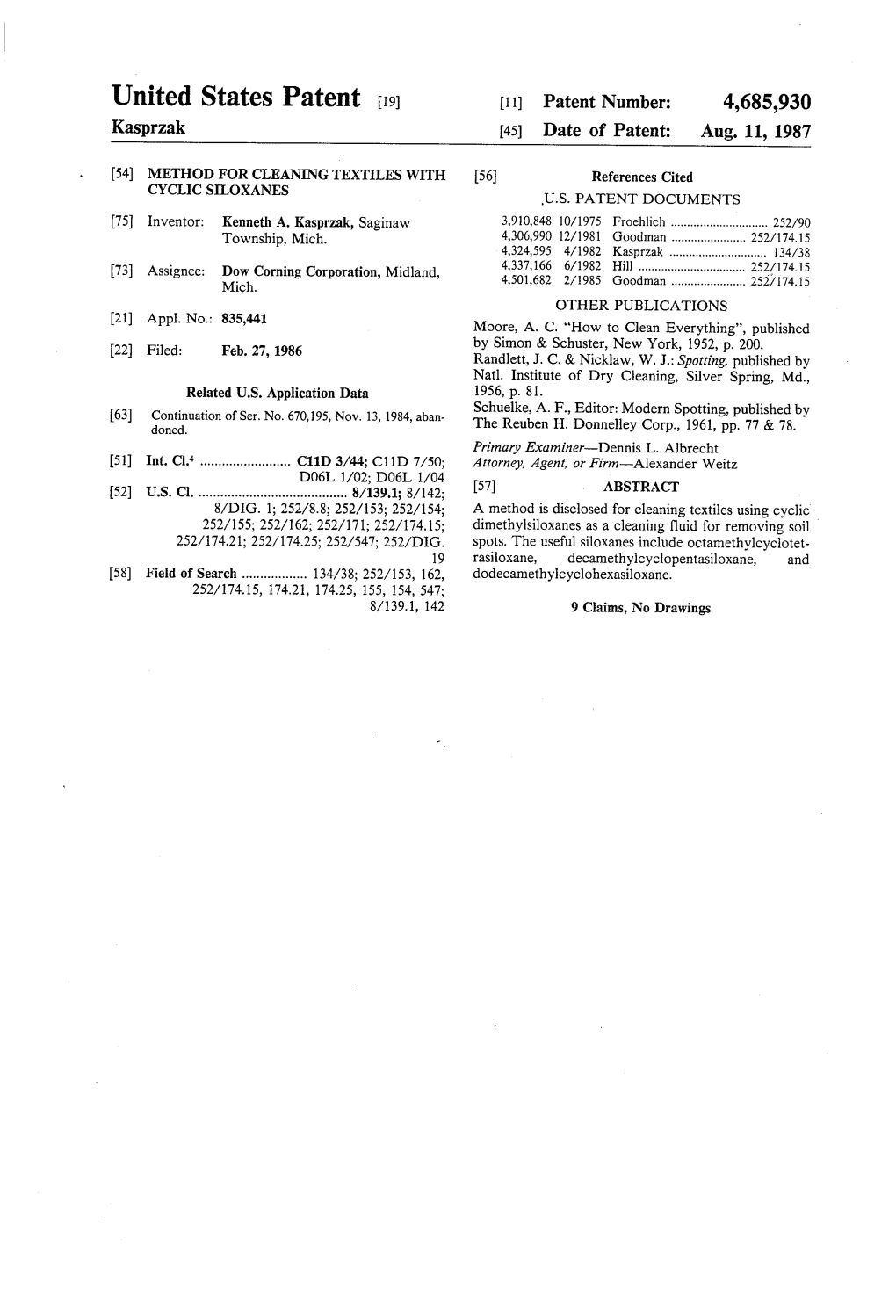 Unlted States Patent [19] [11] Patent Number: 4,685,930 Kasprzak [45] Date of Patent: Aug