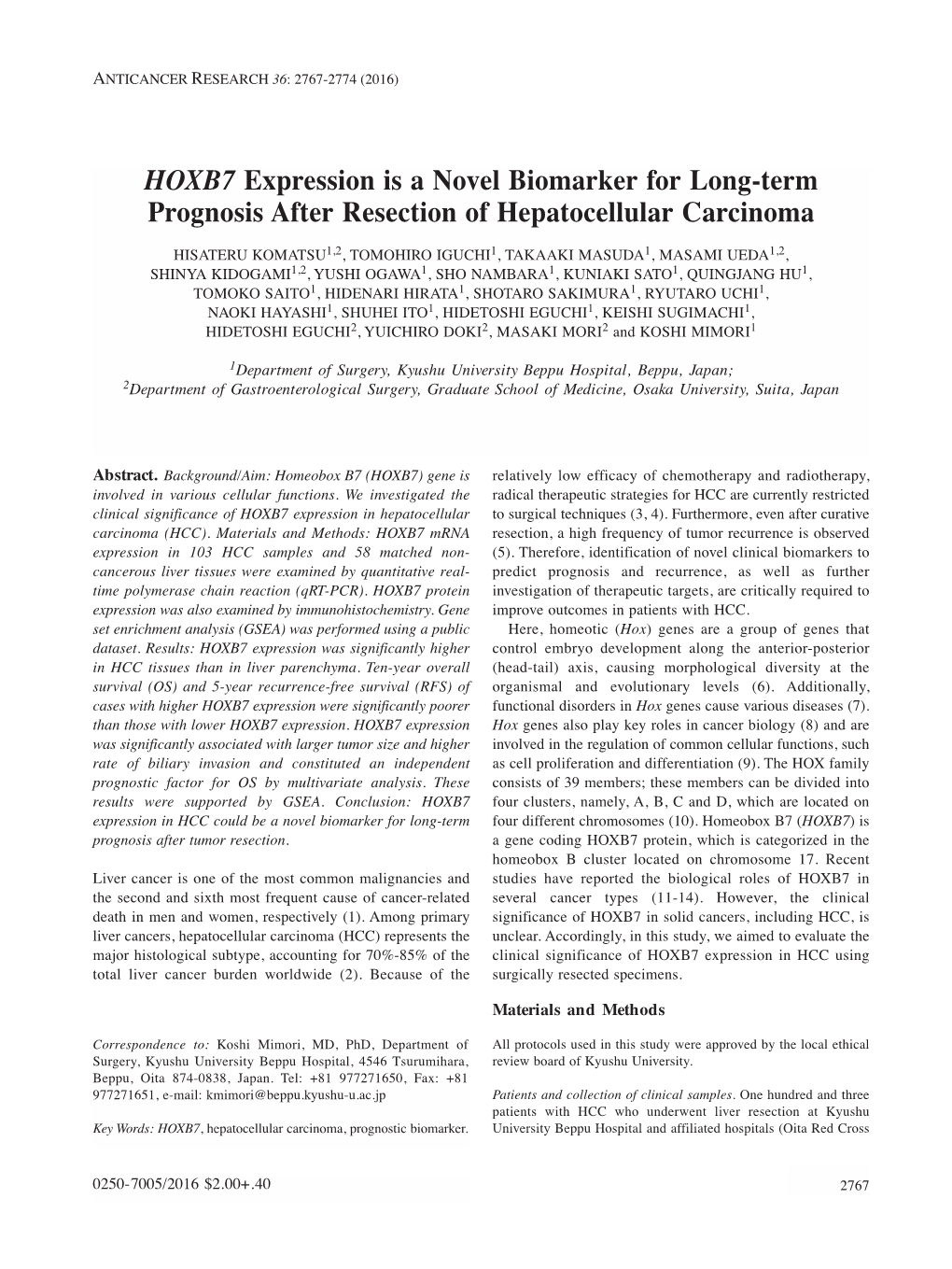 HOXB7 Expression Is a Novel Biomarker for Long-Term Prognosis After Resection of Hepatocellular Carcinoma