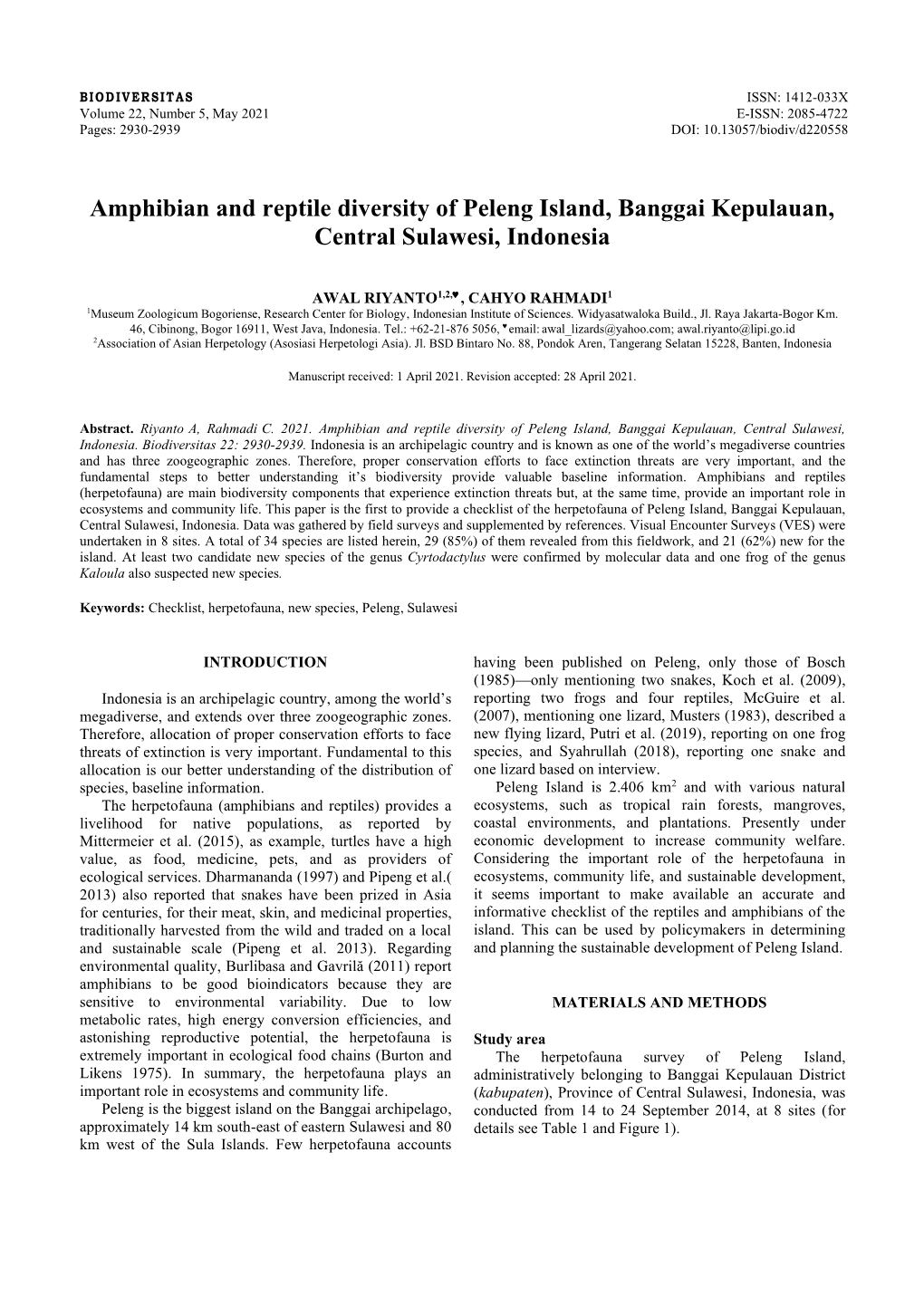 Amphibian and Reptile Diversity of Peleng Island, Banggai Kepulauan, Central Sulawesi, Indonesia