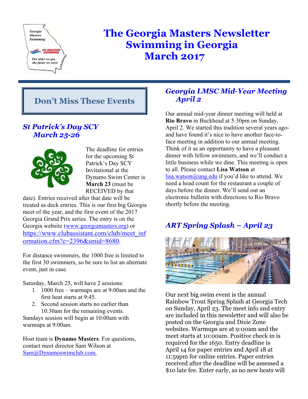The Georgia Masters Newsletter Swimming in Georgia March 2017