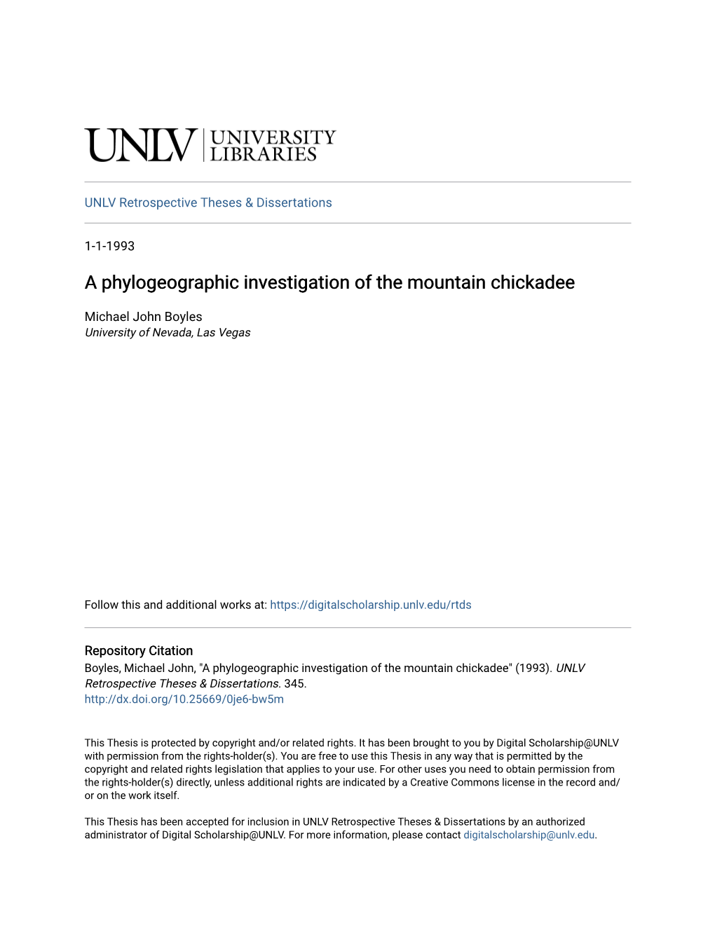 A Phylogeographic Investigation of the Mountain Chickadee