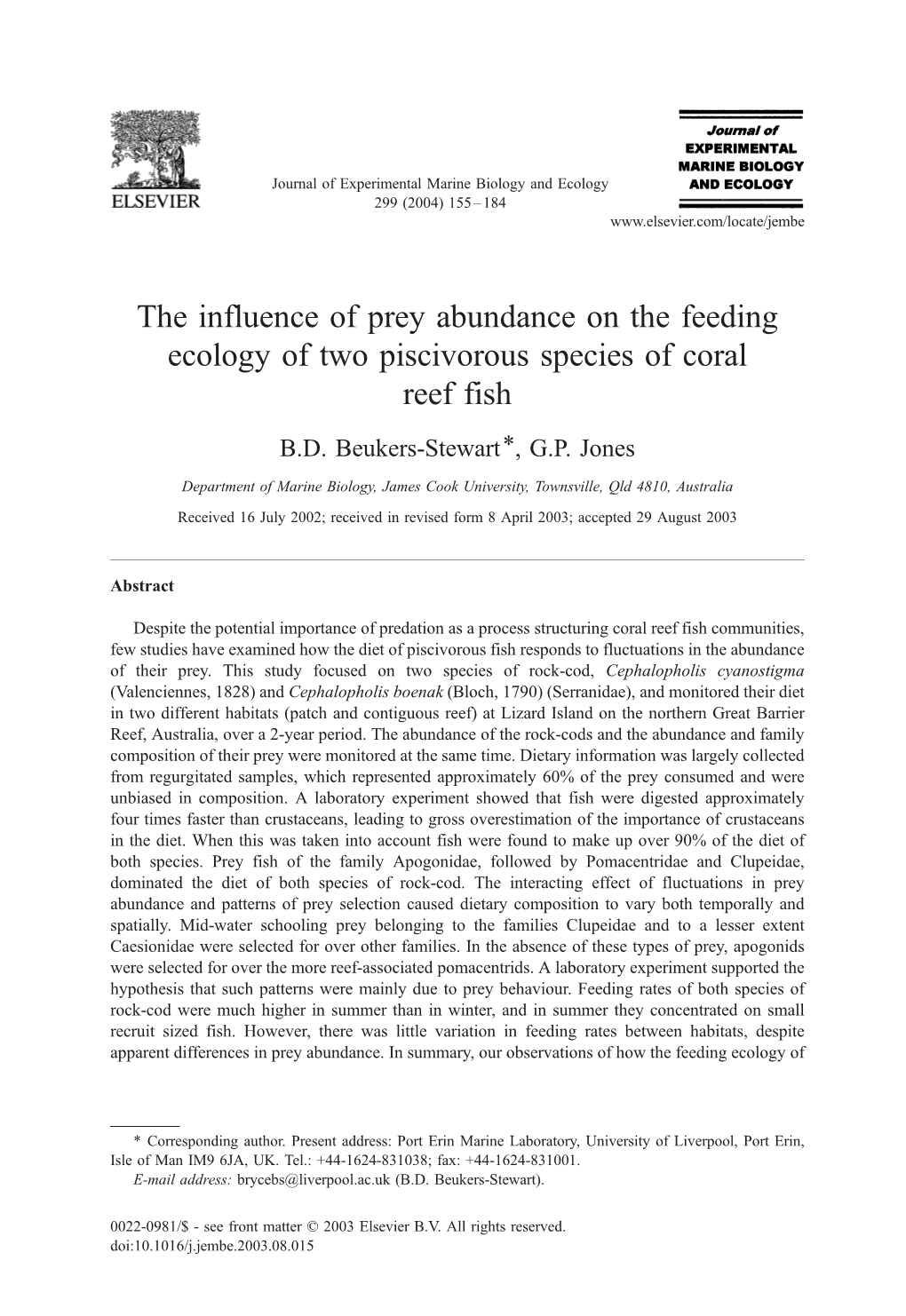 The Influence of Prey Abundance on the Feeding Ecology of Two Piscivorous Species of Coral Reef Fish