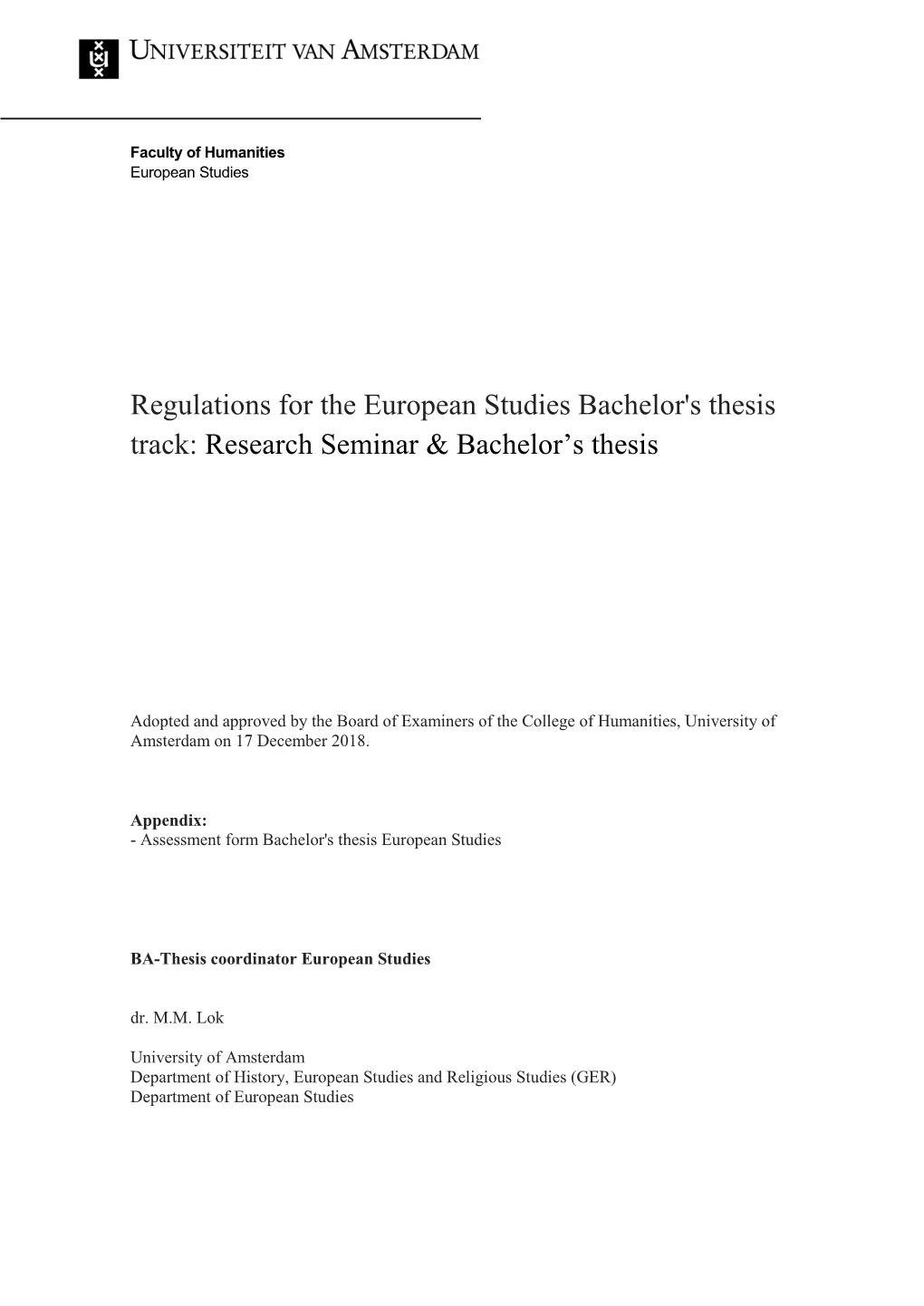 Regulations for the European Studies Bachelor's Thesis Track: Research Seminar & Bachelor’S Thesis