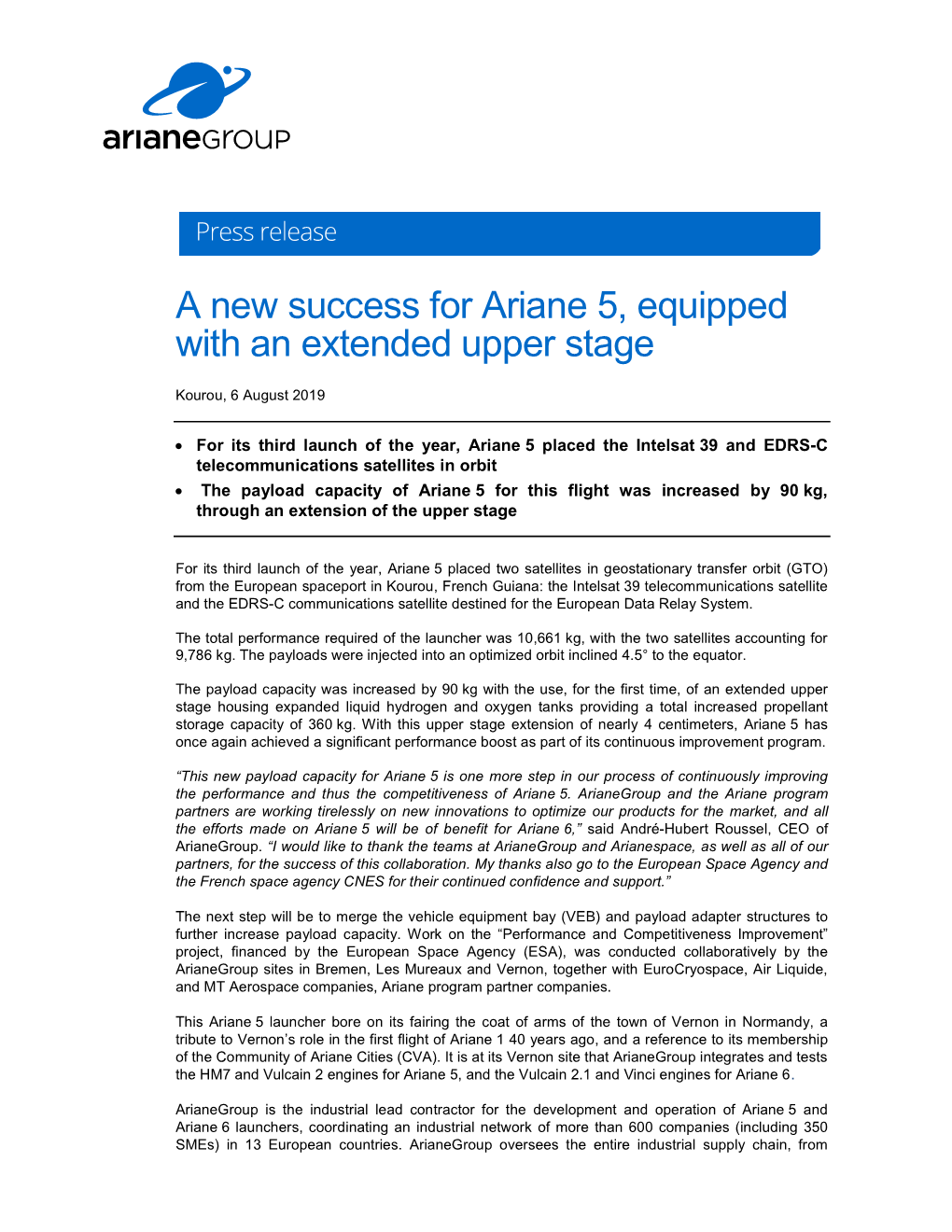 A New Success for Ariane 5, Equipped with an Extended Upper Stage