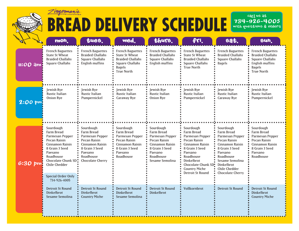 BREAD DELIVERY SCHEDULE with Questions & Orders Mon