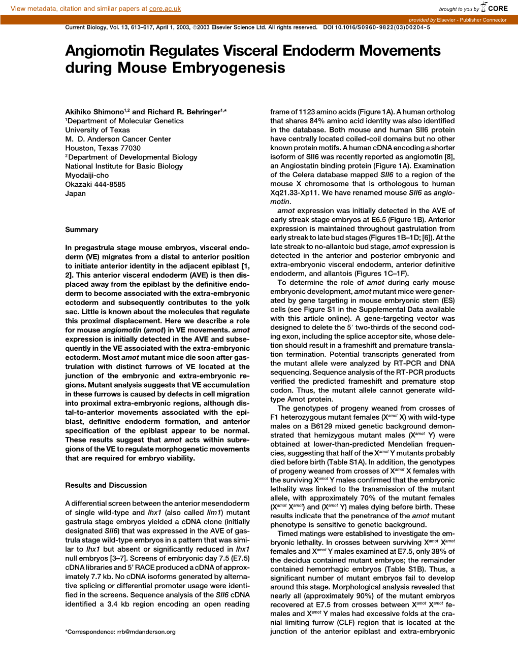 Angiomotin Regulates Visceral Endoderm Movements During Mouse Embryogenesis