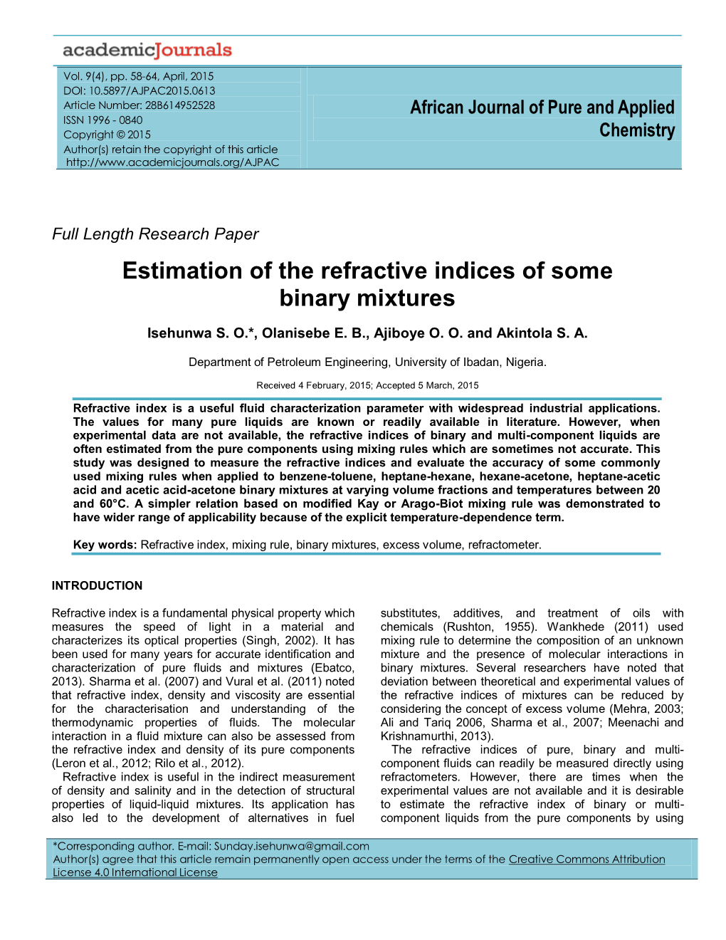 Estimation of the Refractive Indices of Some Binary Mixtures