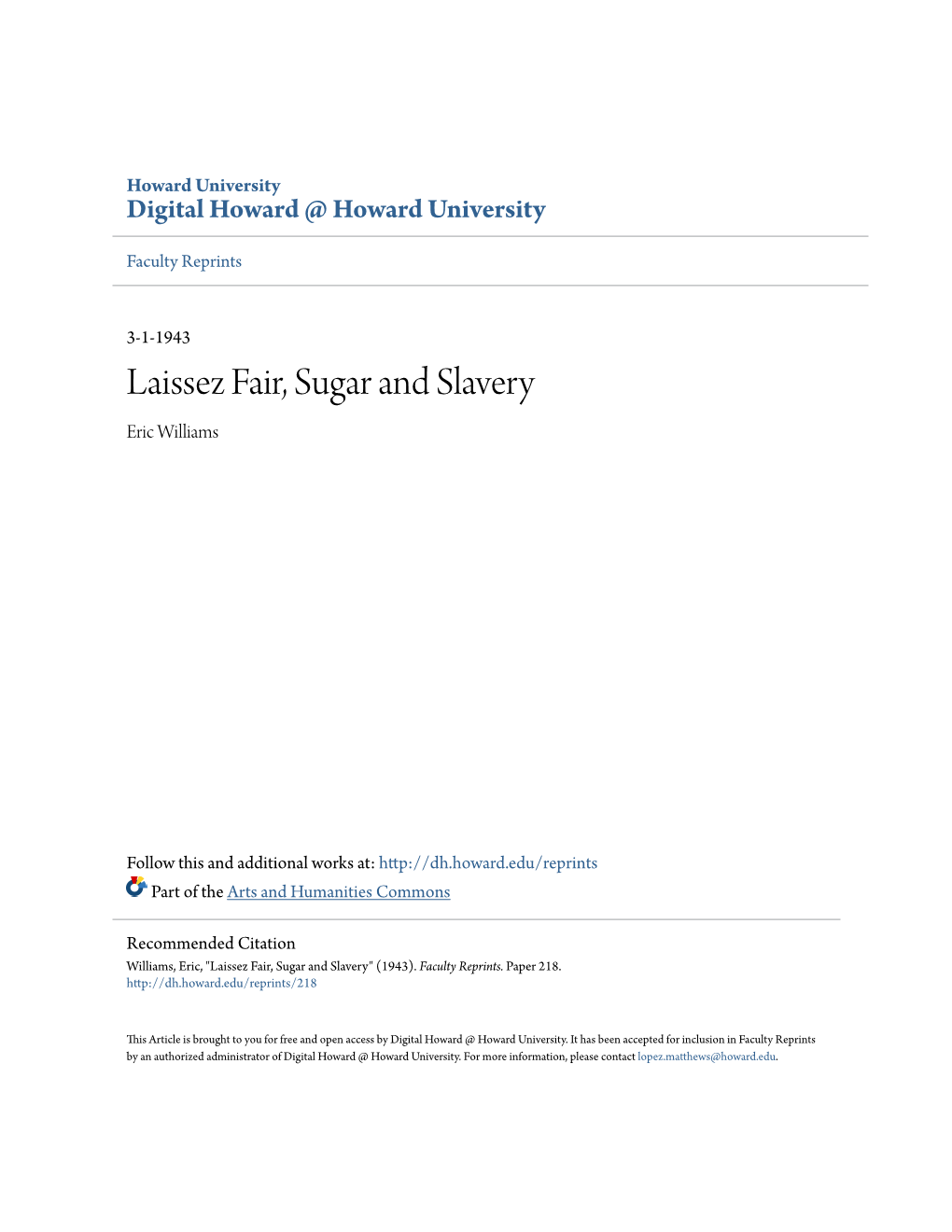 Laissez Fair, Sugar and Slavery Eric Williams