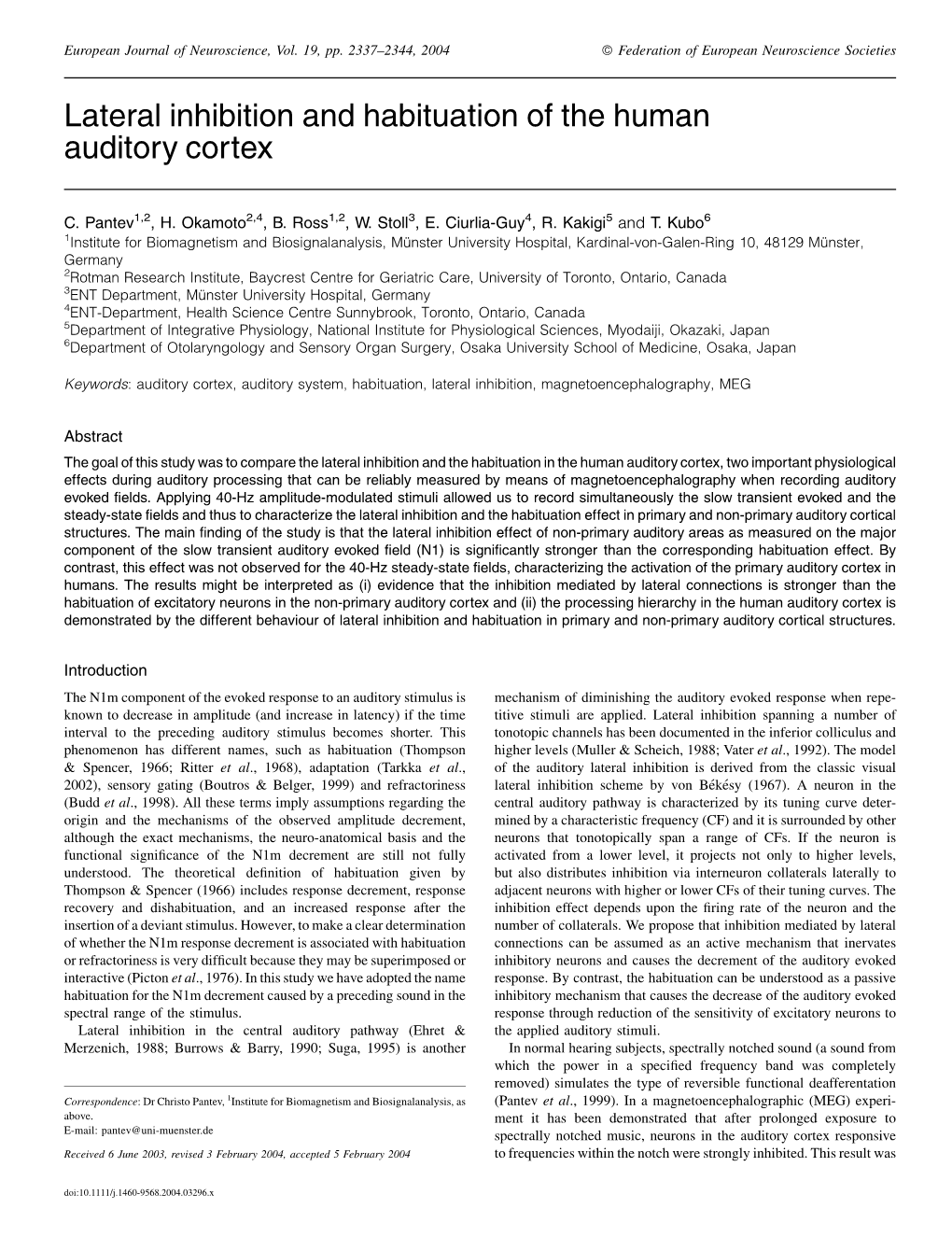 Lateral Inhibition and Habituation of the Human Auditory Cortex