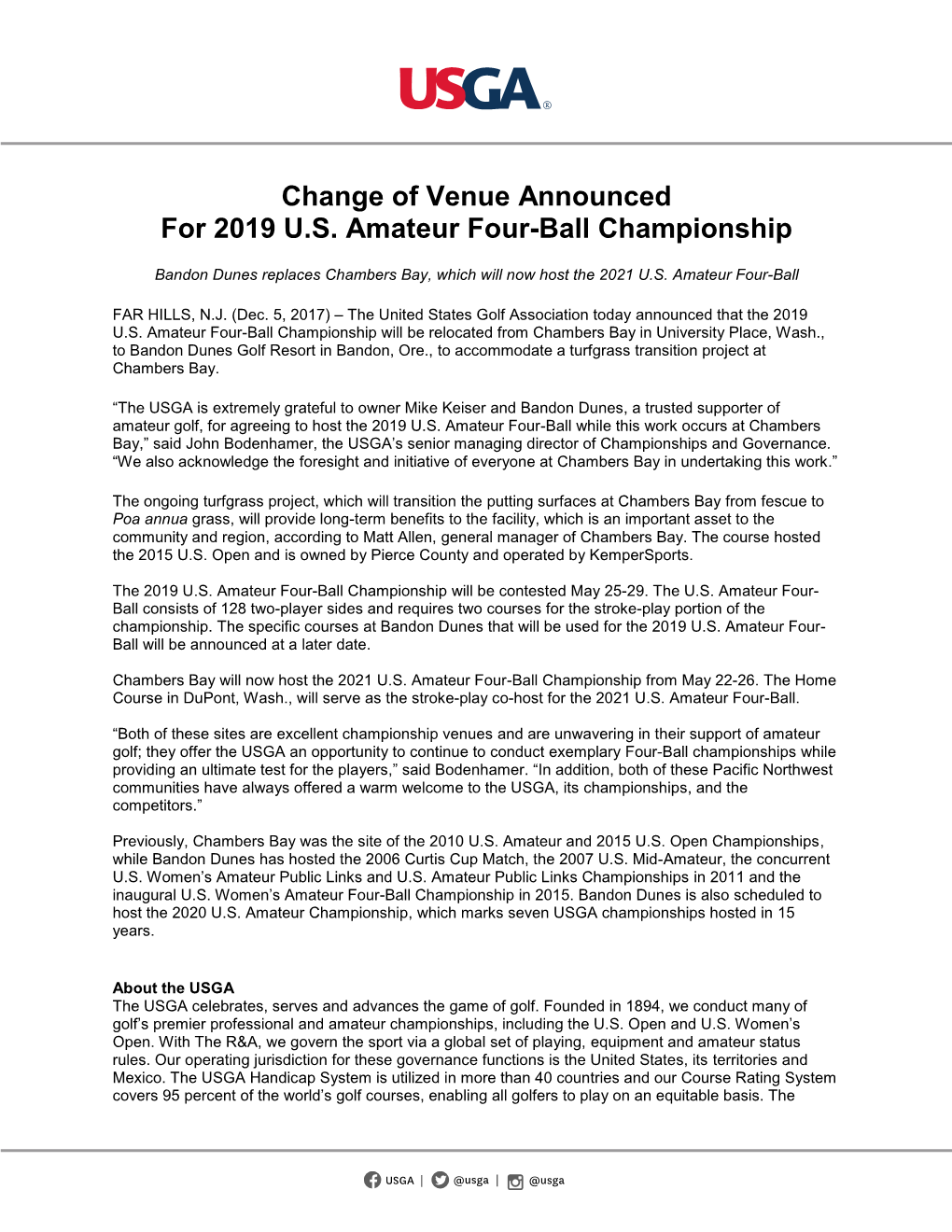 Change of Venue Announced for 2019 U.S. Amateur Four-Ball Championship