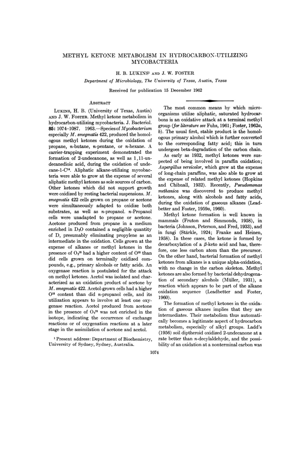 METHYL KETONE METABOLISM in HYDROCARBON-UTILIZING MYCOBACTERIA Cane-I-C'4. Aliphatic Alkane-Utilizing Mycobac