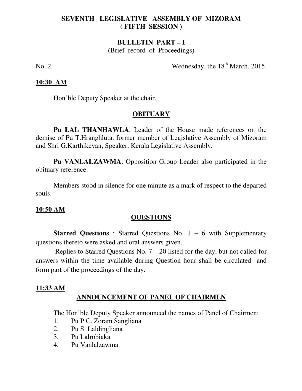 Seventh Legislative Assembly of Mizoram ( Fifth Session )