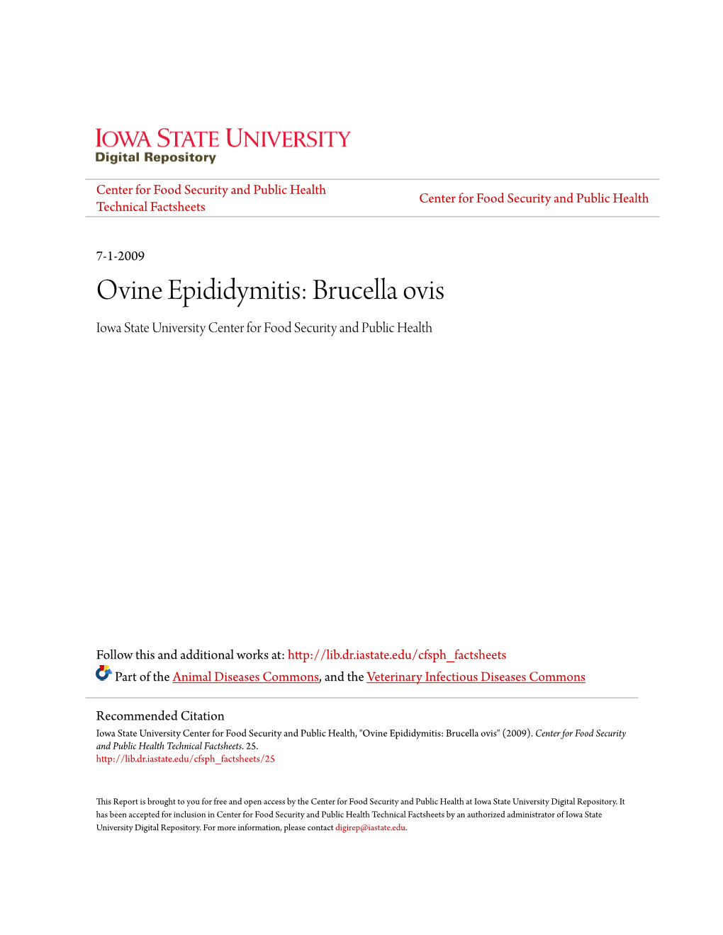 Ovine Epididymitis: Brucella Ovis Iowa State University Center for Food Security and Public Health