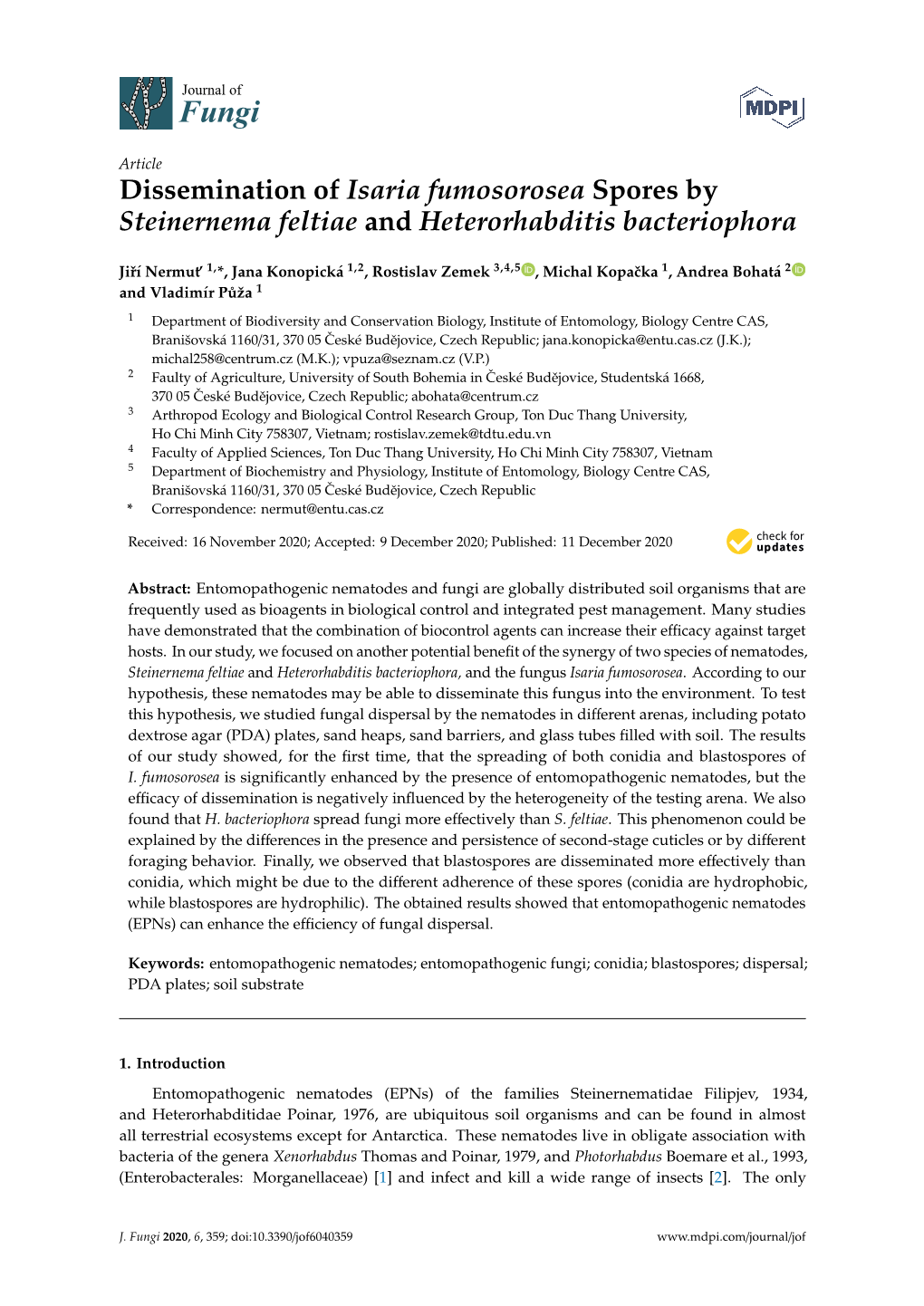Dissemination of Isaria Fumosorosea Spores by Steinernema Feltiae and Heterorhabditis Bacteriophora