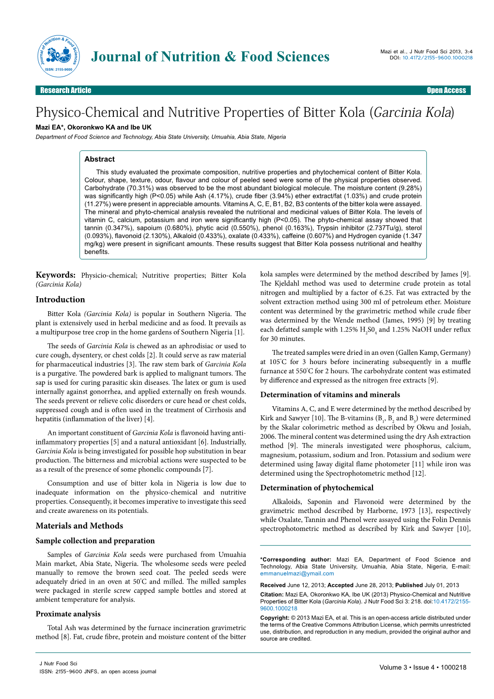 Physico-Chemical and Nutritive Properties of Bitter Kola (Garcinia