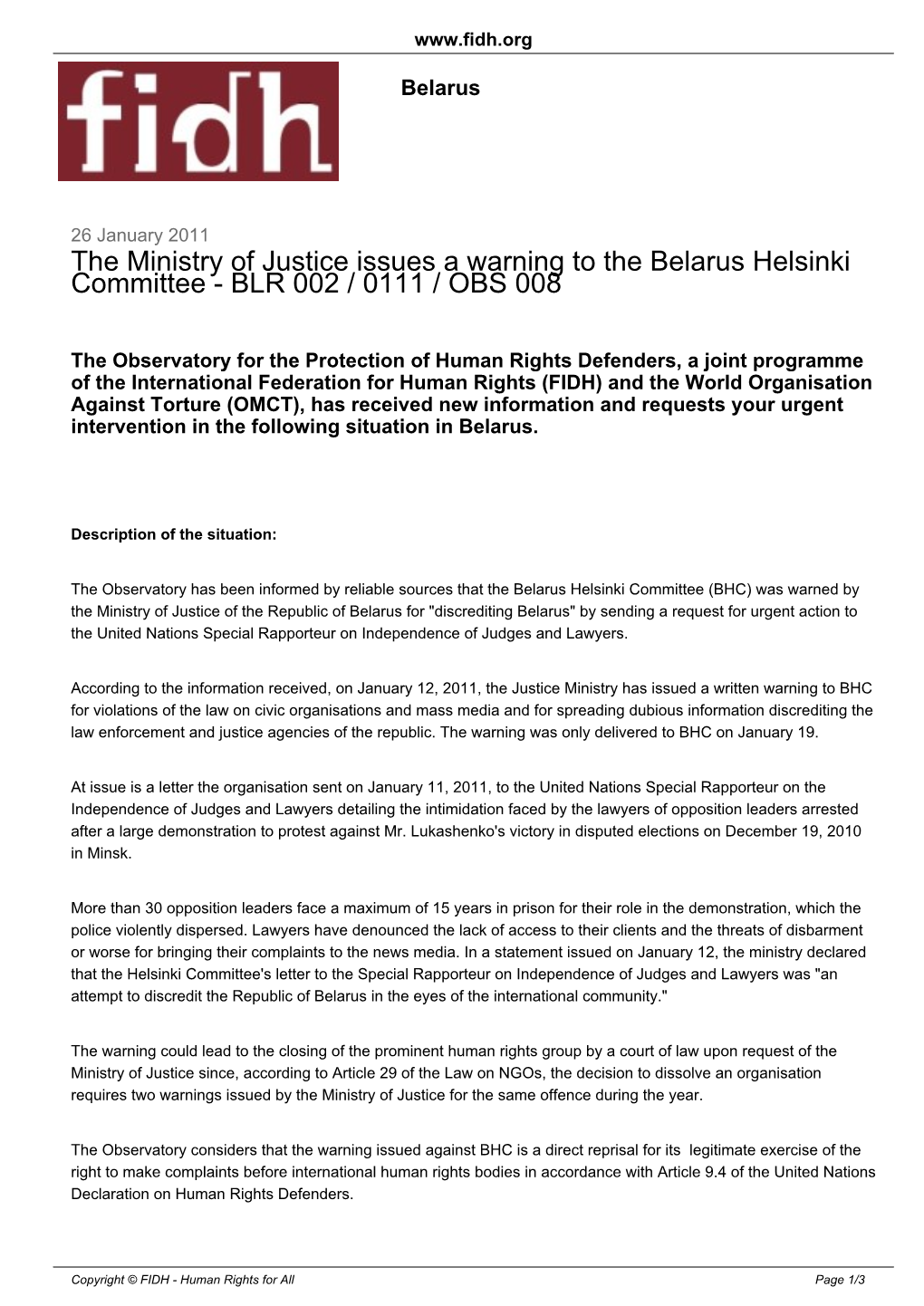 The Ministry of Justice Issues a Warning to the Belarus Helsinki Committee - BLR 002 / 0111 / OBS 008