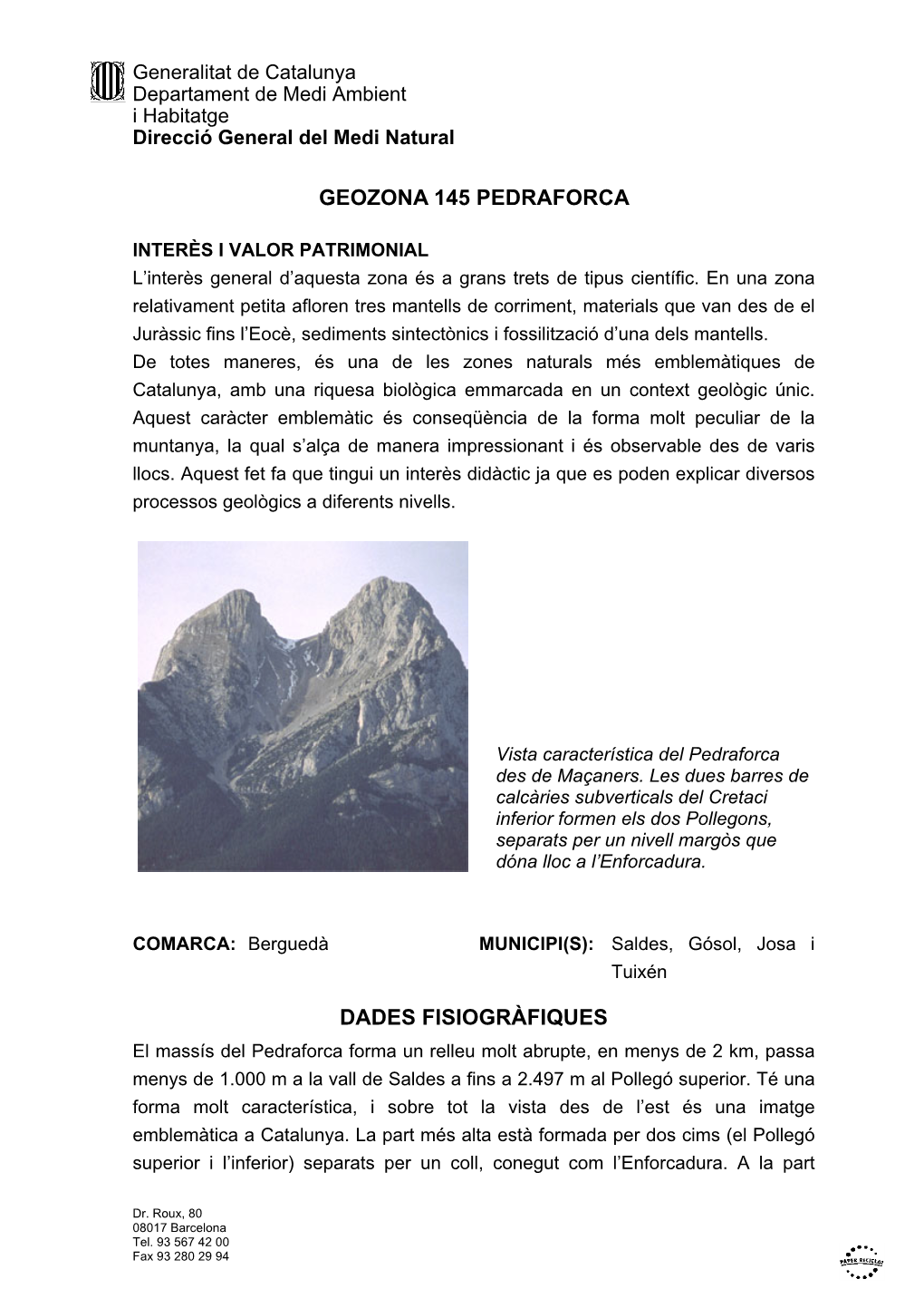 Geozona 145 Pedraforca Dades Fisiogràfiques