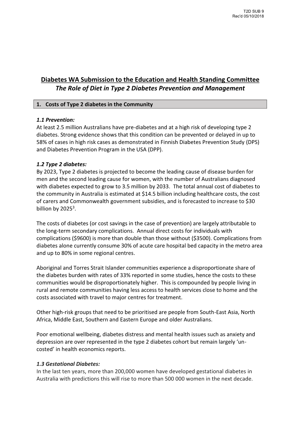 Diabetes WA Submission to the Education and Health Standing Committee the Role of Diet in Type 2 Diabetes Prevention and Management